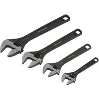 Sealey 4 Piece Adjustable Wrench Set with black handles and silver jaws in varying sizes.