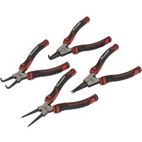 Sealey 4 Piece Circlip Pliers Set with black and red ergonomic handles and various angled tips for internal and external use.