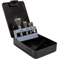Sealey deburring countersink bit set with four metal bits in black plastic case, labeled sizes 15-20, 10-15, 5-10, 3-5.