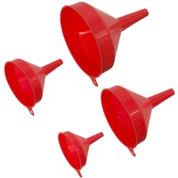 Red Sealey 4 Piece Economy Funnel Set with varying sizes and wide openings, each with a hanging tab.