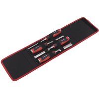 Sealey 4 Piece Hammer Thru Wood Chisel Set with red and black handles in a red-lined black case