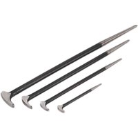 Black Sealey 4 Piece Heel Bar Set with silver tips, varying lengths, flat angled ends for prying and lifting.