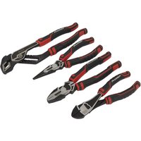 Sealey 4 Piece High Leverage Pliers Set with black and red rubber grips and polished metal heads.