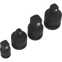 Black Sealey 4 Piece Impact Socket Adaptor Set with varying sizes, square drive ends, and durable construction.