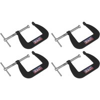 Black Sealey 4 Piece Junior G Clamp Set with silver screws and Sealey logo on each clamp.