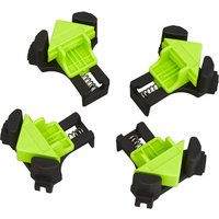 Green and black Sealey 4 Piece Mitre Corner Clamp Set with spring-loaded grips and triangular design.