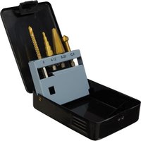 Sealey 4 Piece Multifunction Drill Bit Set in black case, featuring gold step drill bits with size markings.