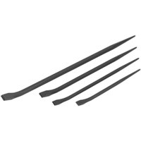 Black Sealey 4 Piece Pry Bar Set with flat, tapered ends and varying lengths for leverage tasks.