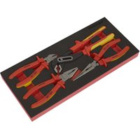 Sealey 4 Piece VDE Insulated Pliers Set with red and yellow handles in black module tray.