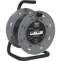 Sealey 4 Socket Cable Extension Reel 240v, grey circular reel with black handle and stand, four sockets on front.