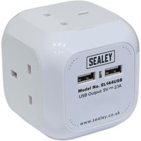 White Sealey 4 Way Mains Extension Cube with USB sockets, compact design, and Sealey logo on the side.