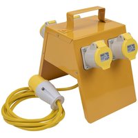 Yellow Sealey 4 Way Splitter Box 110v with four sockets, sturdy handle, and attached yellow power cable.