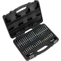 Black Sealey 42 piece impact socket bit set in a hard plastic case with organized rows of sockets and bits.