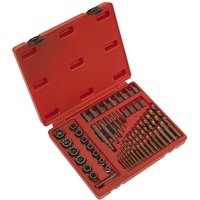 Red Sealey 49 Piece Master Extractor Set in a case with various drill bits and extractors neatly arranged.