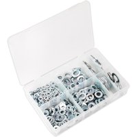 Sealey 495 piece flat washer assortment in clear plastic case with multiple compartments containing silver washers.