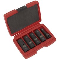 Red case with Sealey 5 Piece 1/2" Drive Double Ended Deep Impact Socket Set, black sockets neatly arranged inside.