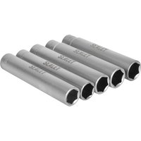 Sealey 5 Piece 3/8" Drive Extra Deep Hexagon Socket Set, silver metal with engraved brand name, hexagonal openings.
