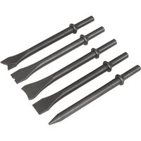 Sealey 5 Piece .401" Shank Air Hammer Chisel Set with five steel chisels of varying flat and pointed tips.