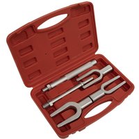 Red case with Sealey 5 Piece Ball Joint Splitter Tool Kit, featuring silver metal forks and handles.