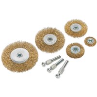 Sealey 5 Piece Brassed Wire Wheel Set with varying sizes, silver centers, and three metal attachment shafts.