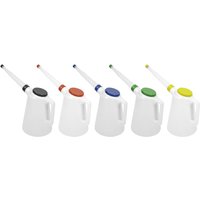 Sealey oil container set with five white jugs, color-coded flexible spouts in black, red, blue, green, and yellow.