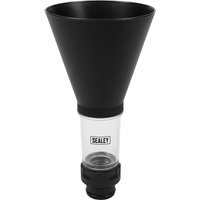 Black and clear Sealey engine oil funnel with wide top and threaded base, designed for Audi, Seat, Skoda, and VW.