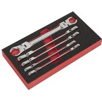 Sealey 5 Piece Flexi Head Flare Nut Spanner Set in silver with red accents, neatly arranged in a black and red tray.