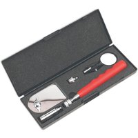 Sealey 5-piece tool kit with red-handled magnetic pick-up, inspection mirror, and black case.
