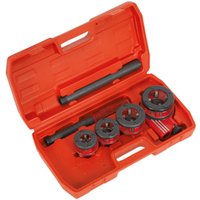 Red Sealey 5 Piece Pipe Threading Kit BSPT with black handles and dies in an orange plastic case