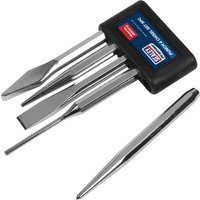 Sealey 5 Piece Punch and Chisel Set with silver steel tools and black holder, featuring flat and pointed tips.
