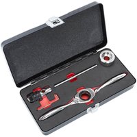 Sealey 5 Piece Ratchet Tap Wrench and Die Holder Set in black case with foam insert, includes silver tools and red accents.