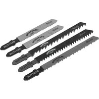 Sealey 5 Piece T Shank jigsaw blade set with various tooth patterns for wood and metal cutting, black and silver blades.