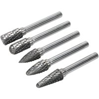 Sealey 5 Piece Tungsten Carbide Rotary Burr Set with silver cylindrical and conical shapes, textured cutting surfaces.