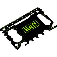 Black Sealey 50 in 1 credit card multi tool with ruler, hex wrenches, and bottle opener, featuring yellow Sealey logo.