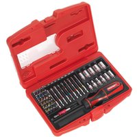Red Sealey 50 Piece Ratchet Screwdriver Set with bits and sockets in a compact red plastic case.