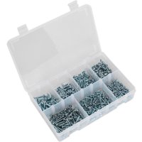 Sealey 500 piece pan head self drilling screw assortment in a clear plastic organizer with nine compartments.
