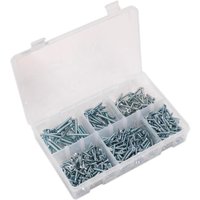 Sealey 510 piece countersunk self-tapping screw assortment in a clear plastic organizer with six compartments.