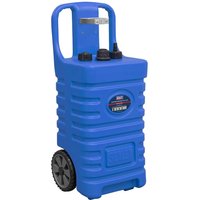 Blue Sealey 55 Litre Mobile Dispensing Tank with ribbed design, two black caps, and sturdy wheels.