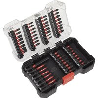 Sealey 55 piece screwdriver bit set in a black and clear case with red accents, featuring various impact-grade bits.