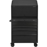 Black Sealey 6 Drawer Roller Cabinet with Power Strip Hutch, featuring a sleek design and sturdy caster wheels.