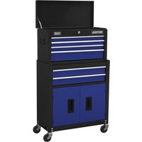 Black and blue Sealey tool chest with six drawers, top compartment, and roller cabinet on wheels.