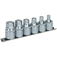 Sealey 6-piece stubby hexagon socket bit set, silver, on a metal rail, featuring 1/2" drive metric sizes.