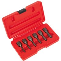 Red Sealey 6-piece screw extractor socket set in a plastic case with six metallic sockets aligned inside.