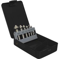 Sealey 6 Piece Countersink Set with silver bits in a black plastic case, labeled sizes from 6.3 to 20.5mm.