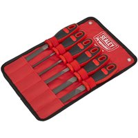 Sealey 6 Piece Engineers File Set with red and black handles in a red fabric pouch.
