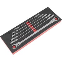 Sealey 6 Piece Extra Long Flexible Head Ratchet Ring Spanner Set in black and red foam tray, silver finish.
