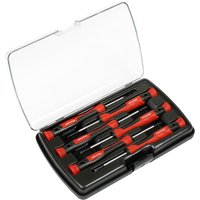 Sealey 6 Piece Precision Screwdriver Set with red and black handles in a black plastic case with clear lid.