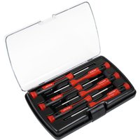 Sealey 6 Piece Precision Torx Screwdriver Set with red and black handles in a black plastic case with clear lid.
