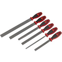 Sealey 6 Piece Rasp File Set with red and black ergonomic handles and various file shapes and sizes.