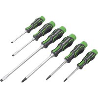 Sealey 6 Piece Screwdriver Set with green and black handles, includes slotted and Phillips hammer-thru tips.